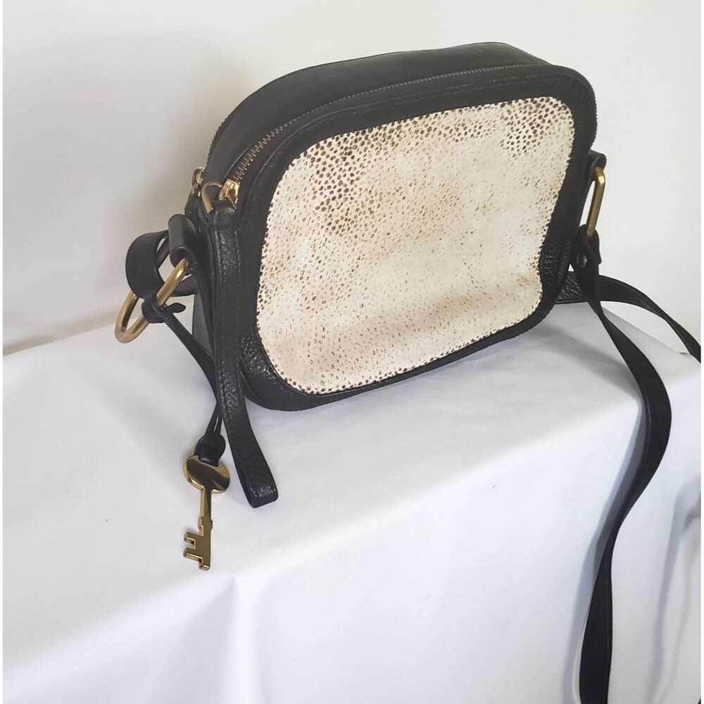 Fossil Women's Crossbody Leather Bag Black Cream Animal Leopard Print Real Fur